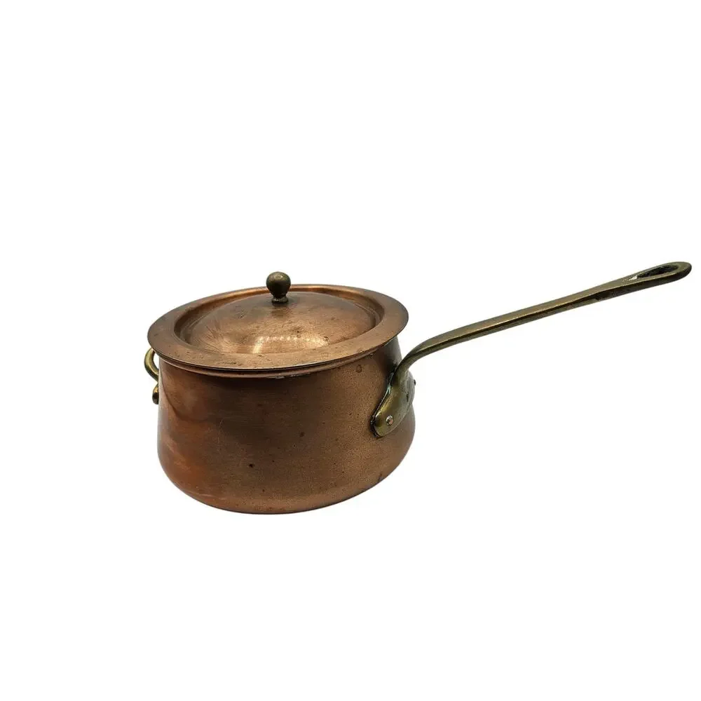 Vintage Hand Hammered Bombe Copper Saucepan Tin Lined Brass Handles 6.5